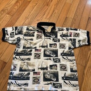 Nautical Print Polo Shirt - Black and Cream